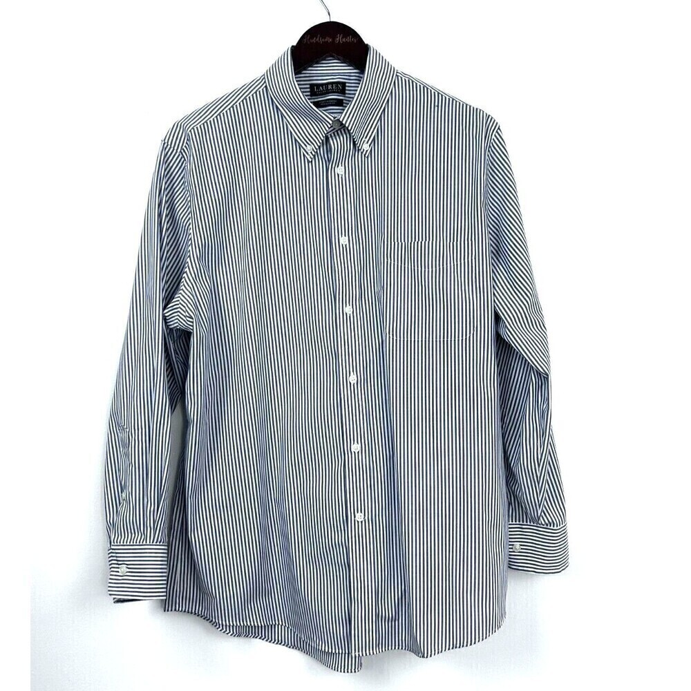Lauren Ralph Lauren Shirt Mens L 16 32/33 Blue White Striped Black Label Preppy